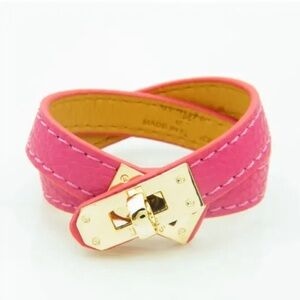 Herrrmes Pink Double Wrap Leather Bracelet with Gold Turnlock